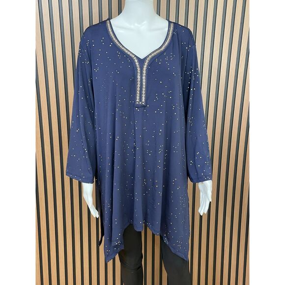 Catherine's Top Blouse Tunic Stretch Handkerchief Hem 2X Blue Polka Dot - Picture 1 of 9
